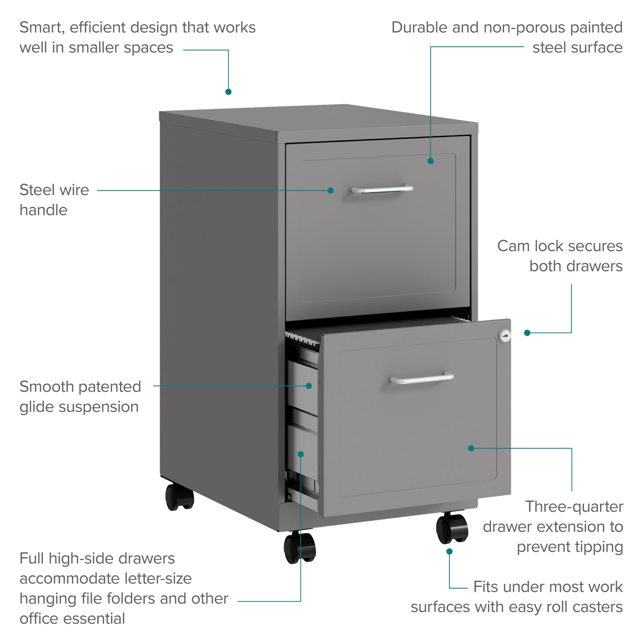 Space Solutions 18" Deep 2 Drawer Mobile Letter Width Vertical File Cabinet, Silver