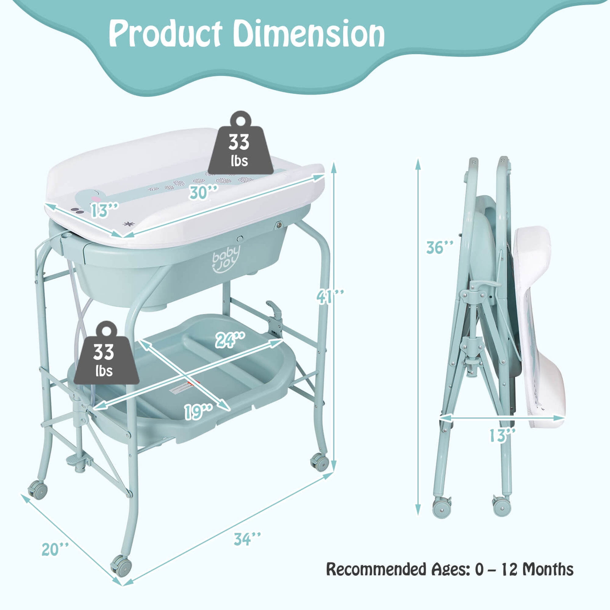 Babyjoy Changing Table with Bathtub Folding Portable Diaper Station Steel 0-12 Months PP Blue