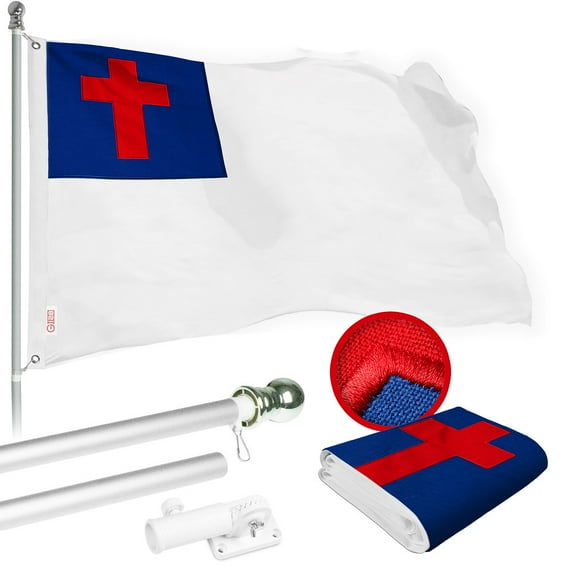 G128 Combo Pack: 6 Ft Tangle Free Spinning Flagpole (Silver) & Christian Flag 3x5 Ft Embroidered 220GSM Spun Polyester, Brass Grommets (Flag Included) Aluminum Flag Pole