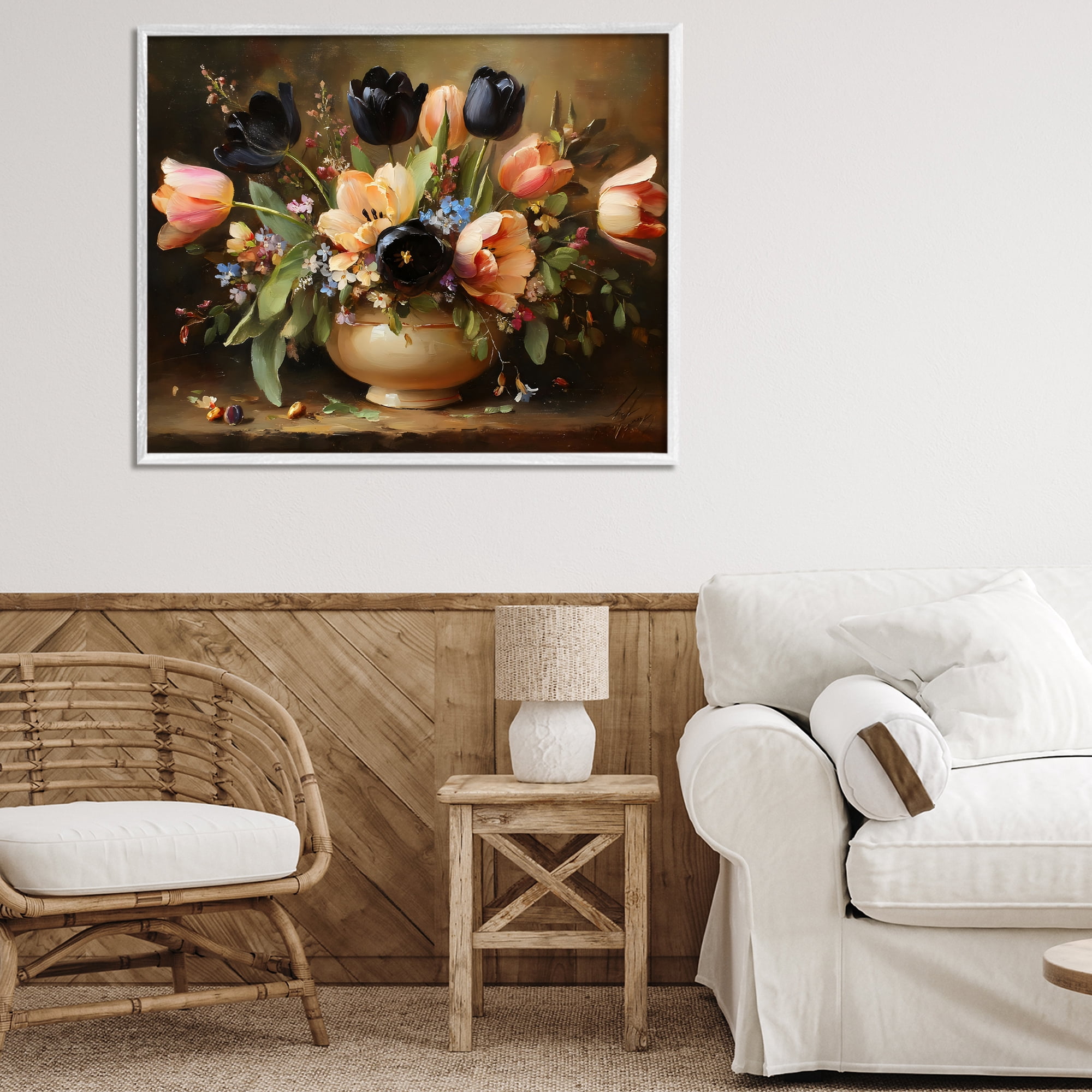 Stupell Industries Black Tulips & Peach Bouquet White Framed Giclee Art, design by Franklyn Gregory