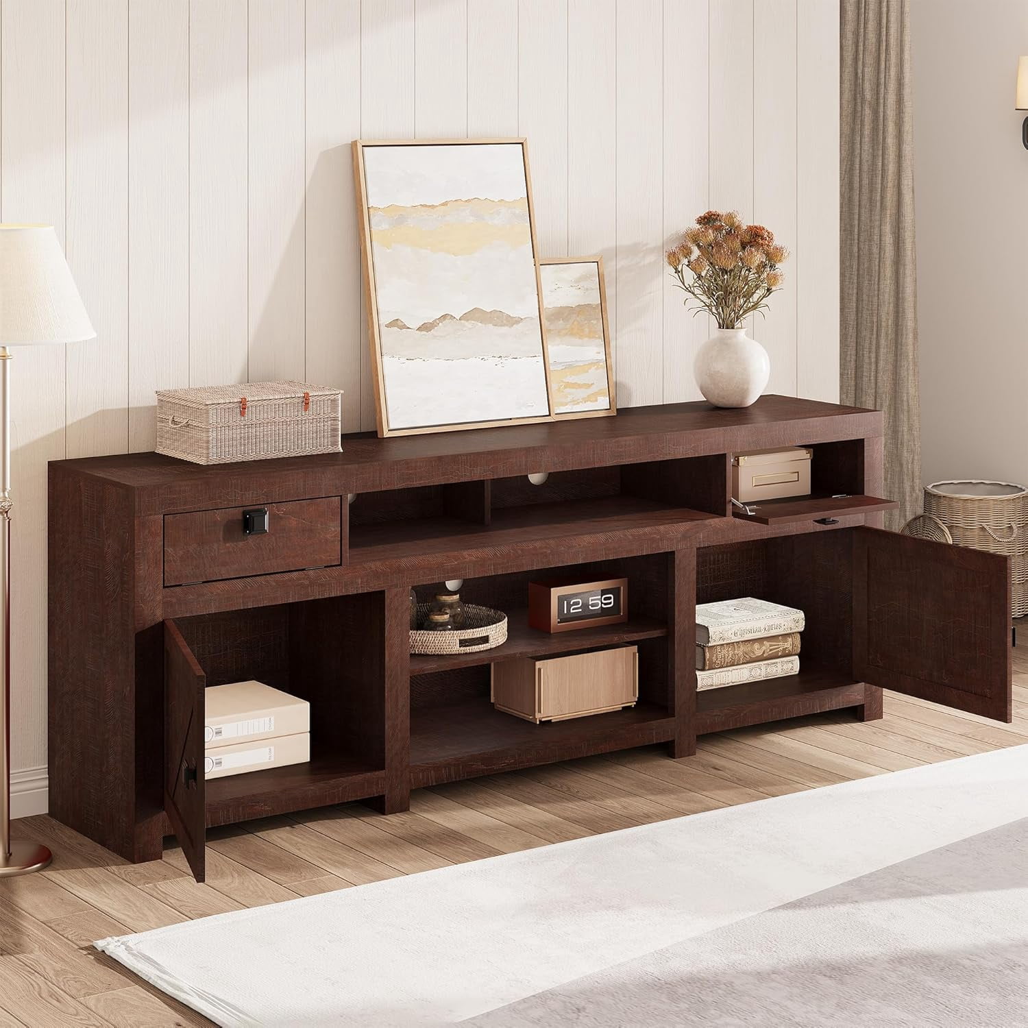 Garvee Farmhouse Wooden TV Stand for 75 Inch TV, 70" Long Entertainment Center with 4 Door and 2 Open Storage Spaces, Rustic TV Stand for Living Room, Bedroom