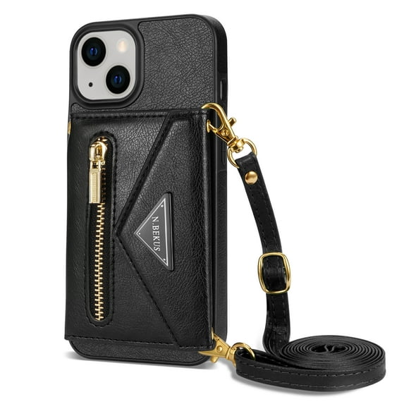 K-Lion for iPhone 14 Plus Leather Wallet Case, Zipper Pocket Card Slots Kickstand Function Adjustable Crossbody Shoulder Strap Shockproof Purse Phone Case for iPhone 14 Plus,Black