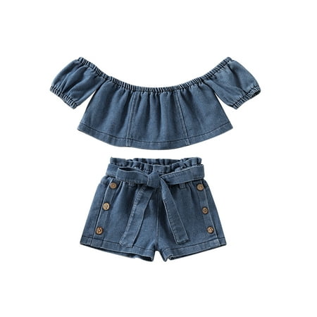 

IZhansean Kids Girls Summer Clothes Short Sleeve Off Shoulder Crop Tops and Casual Denim Shorts Set Blue 3-4 Years