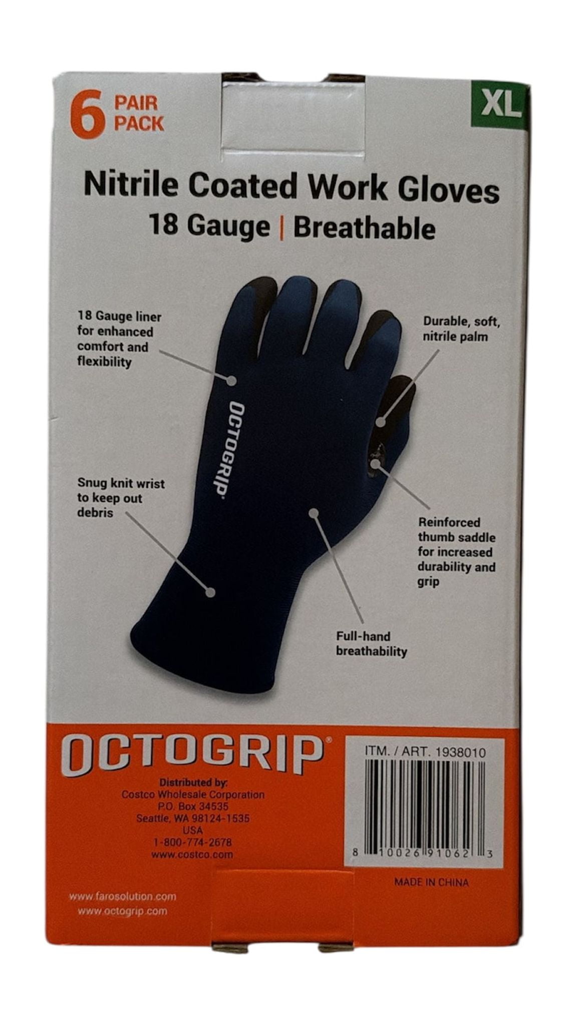 Octogrip Nitrile Coated Work Gloves, 6 Pairs, X-Large