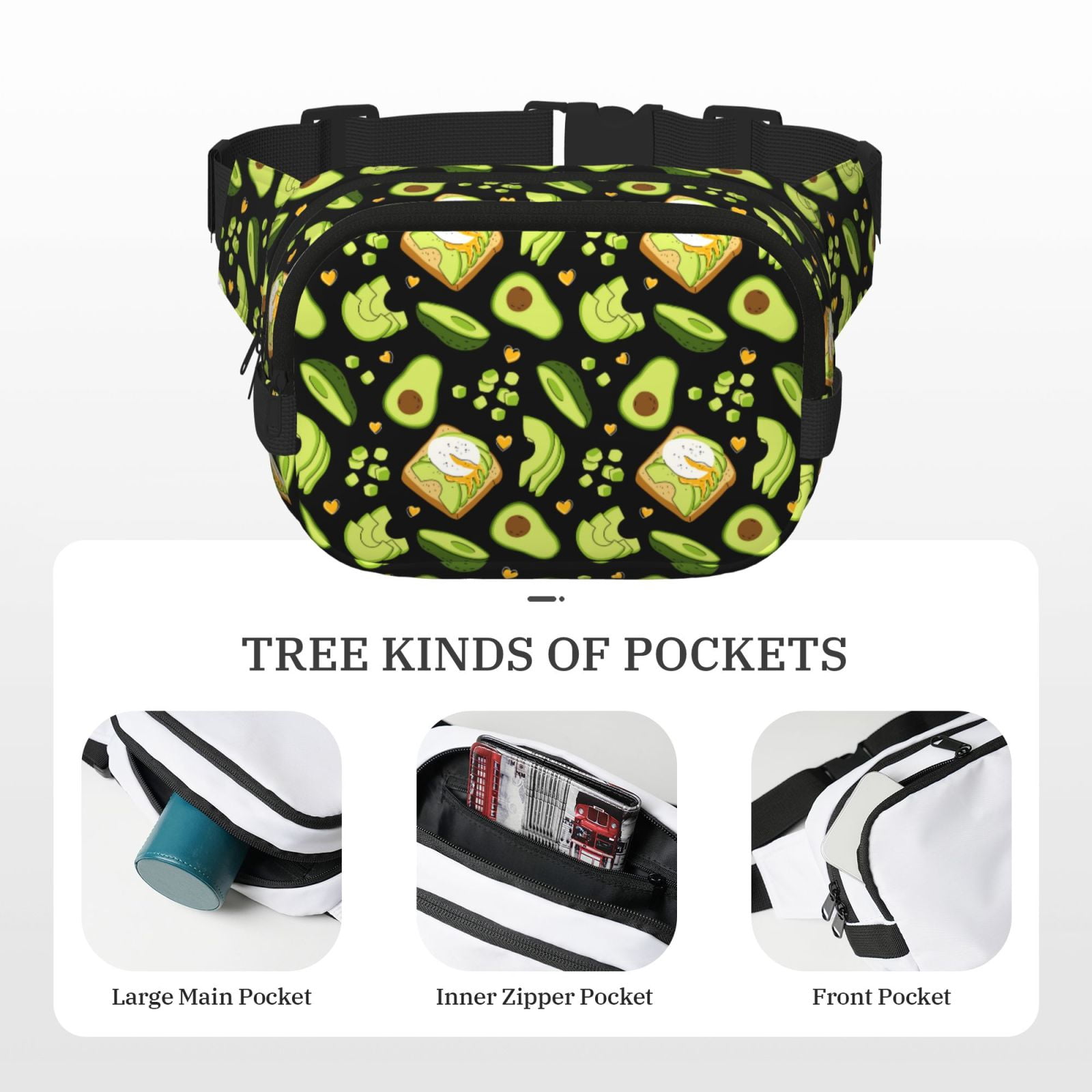 Fuzoiu Avocado Toast Print Unisex Square Double Layer Waist Bag,Crossbody Fanny Pack Travel Workout Accessory