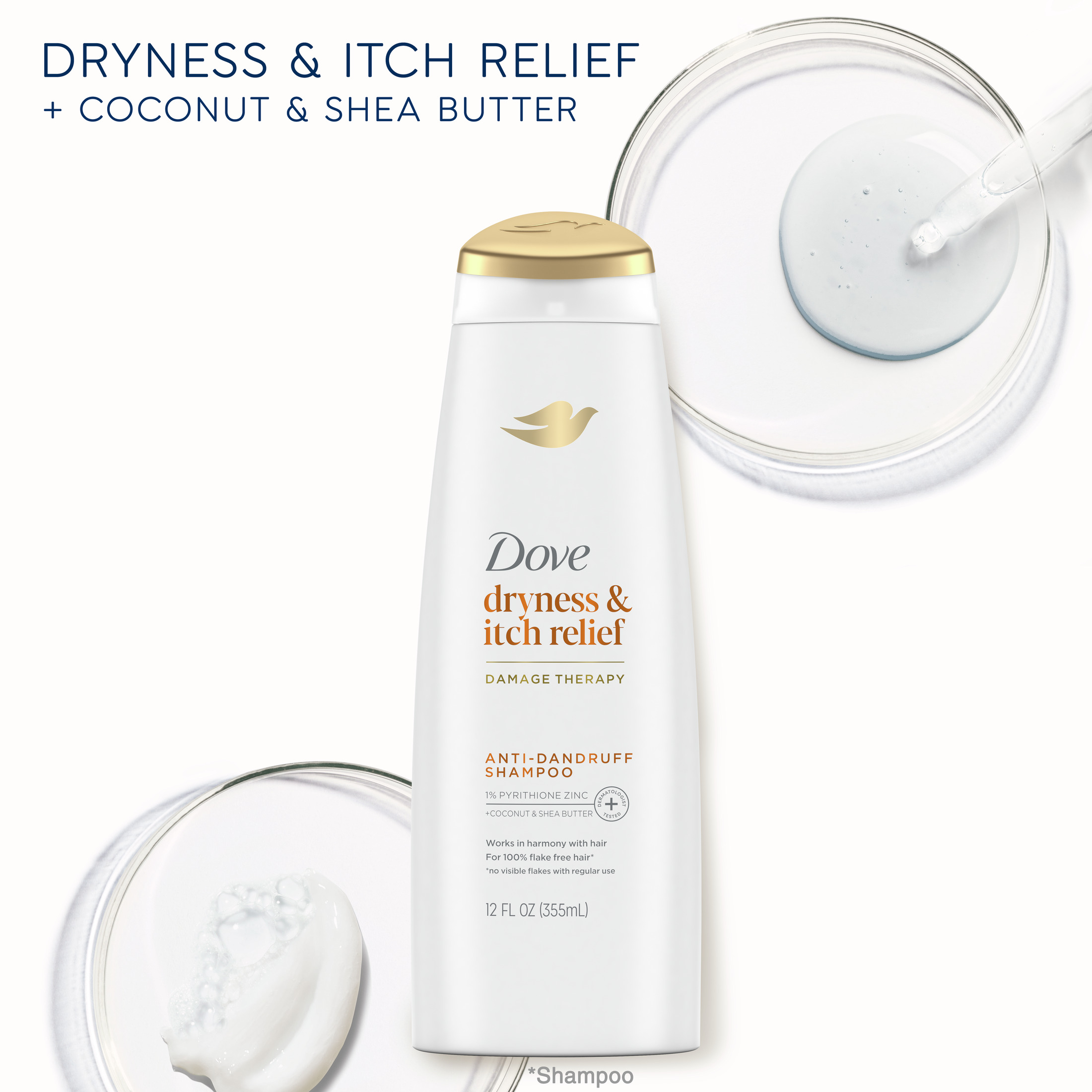 Dove Damage Therapy Derma Anti-Dandruff Shampoo for Flaky Scalp Dryness + Itch with Pyrithione Zinc & Coconut Oil, 12 oz