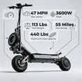 thumbnail image 6 of GLIDEZONE 3600W Off-Road Electric Scooter, 47 MPH 55 Miles Range, 60V 27AH Dual Fast Charge, Dual Oil Disc Brakes, LED Lights, Spare Tire, Adult E-Scooter, 6 of 12