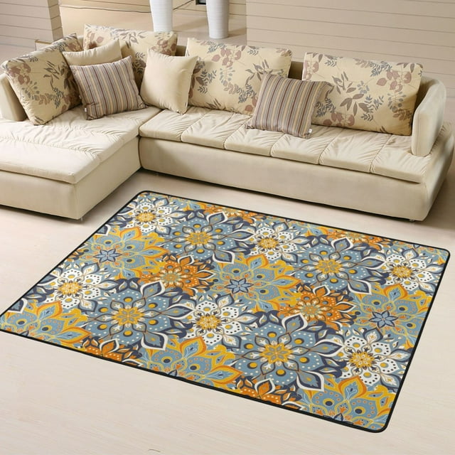 DouZhe Tapis de Zone Motif Mandala Bohème Kaléidoscope Antidérapant Lavable en Machine, Style Tapis Paillasson, 63x48 Pouces