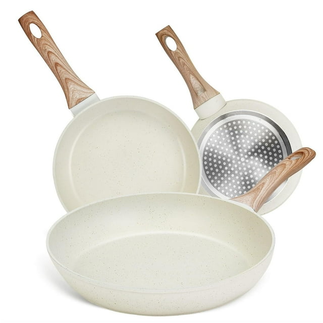 Juego de 3 Sartenes con Recubrimiento Antiadherente, Sartén Antiadherentes de Granito Blanco, Libre de PFOS y PFOA, Apto para todas las estufas (20 cm y 24 cm y 28 cm)
