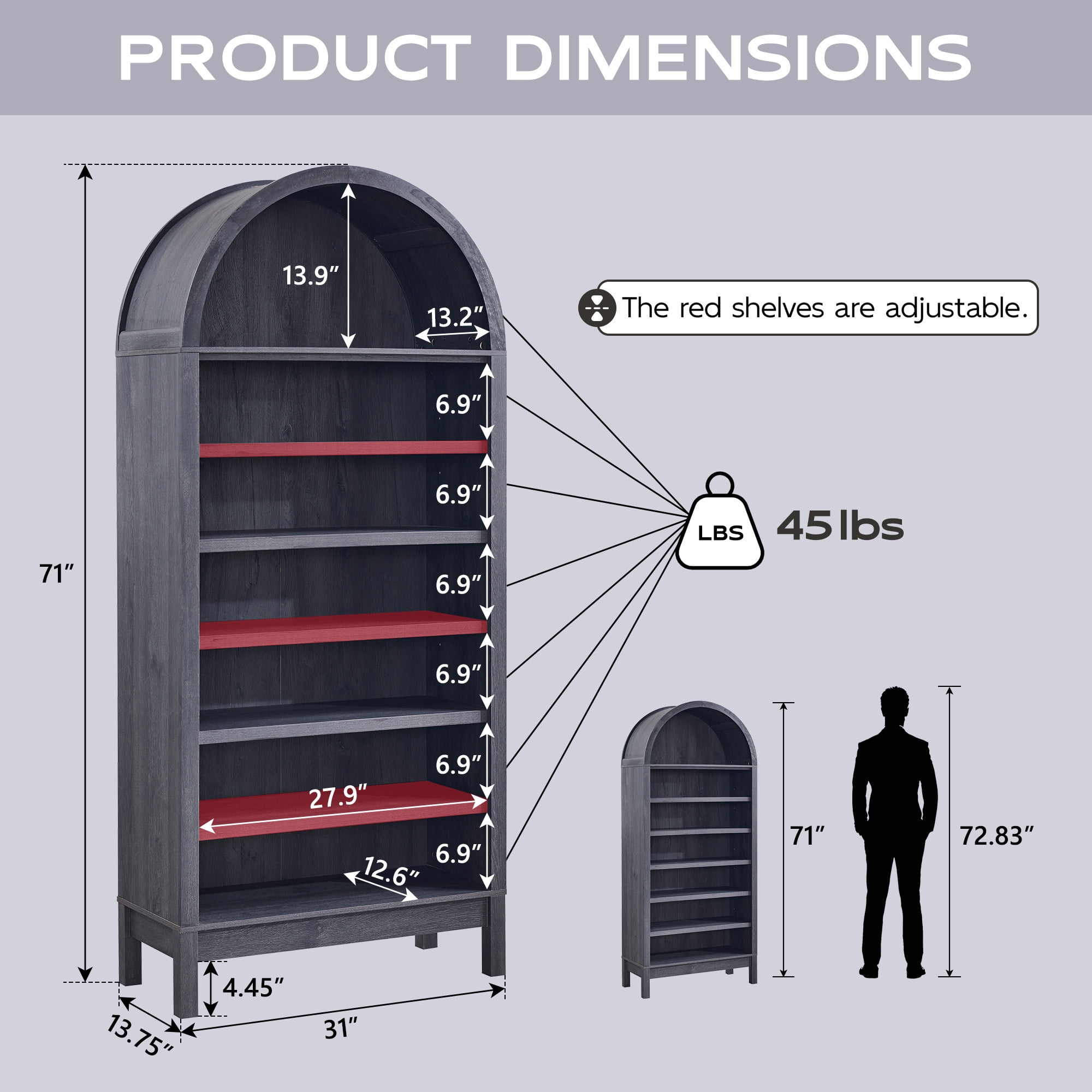 SinCiDo Tall Arched Bookshelf, 7-Tier Open Shelf Bookcase, Medium Density Fiberboard