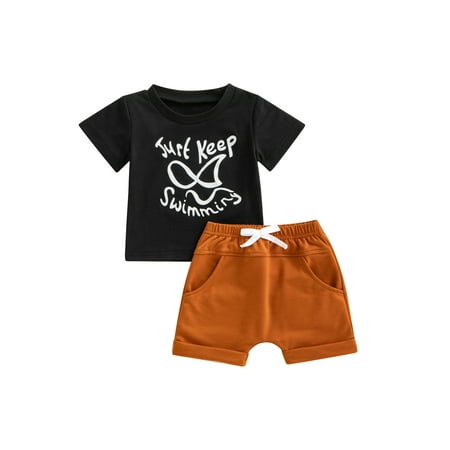 

Domingbub Newborn Baby Boys Summer Clothing Set Short Sleeve Letter Printed T-Shirt + Elastic Waist Shorts Set Black 0-6 Months