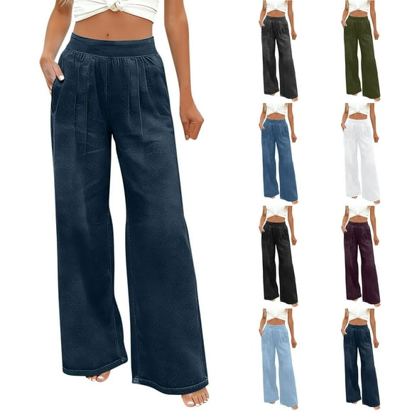 Women's Wide Leg Pants Stretchy Loose Fit Palazzo Pants Fashion Pleated Front High Waisted Faux Jeans Slacks Blue Pant,Size S-3XL