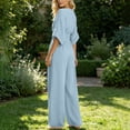 thumbnail image 6 of Women's Solid Color Cotton Linen Jumpsuits Tighten Waist Zipper V Neck Wide Leg One Piece Jumpsuit Loose Flowy Three Quarter Sleeve Rompers with Pockets, 6 of 8