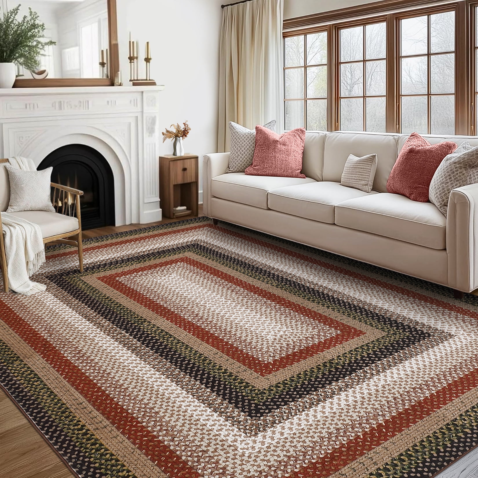 Garvee Modern Washable Braided Print Rugs, 8'x10' Non Slip Farmhouse Floor Carpet Boho Geometric Area Rug for Living Room Bedroom, Red and Black