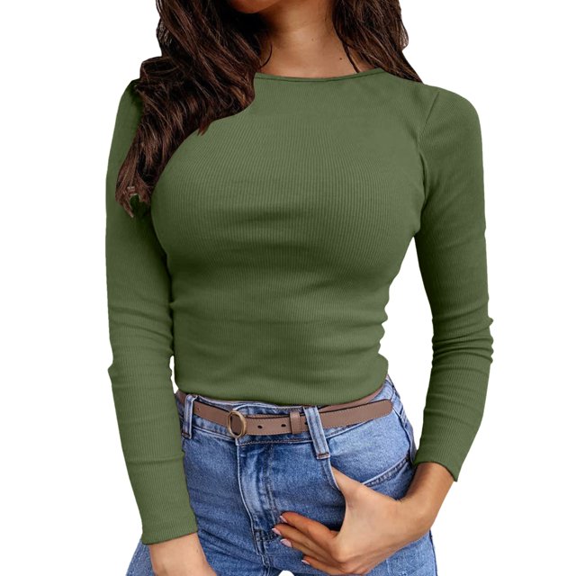 Womens Long Sleeve Stretch Crewneck Ribbed T Shirt, Polyester, with Front Pleated Design