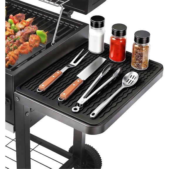 Silicone Grill Tools Mat for Flat Top Grill Smoker,BBQ Accessories Pad Mats for Outdoor Kitchen Counter Cooking, Side Shelf Spatula Mat,Gifts for Men (Black)