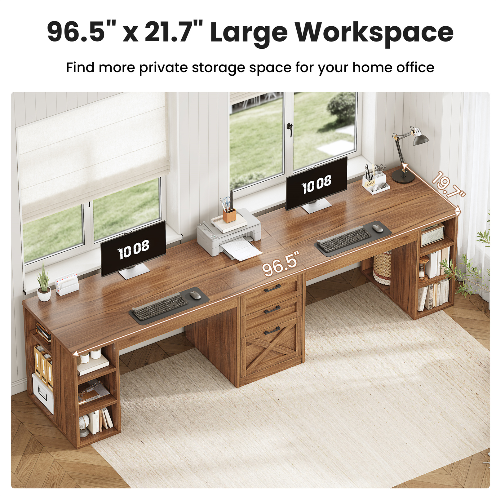 SEDETA 96.5 Inch 2 Person Desk with Storage, Farmhouse Double Desk with Drawers and Open Shelves, Home Office Desk with Printer Stand and File Drawer, Rustic Brown