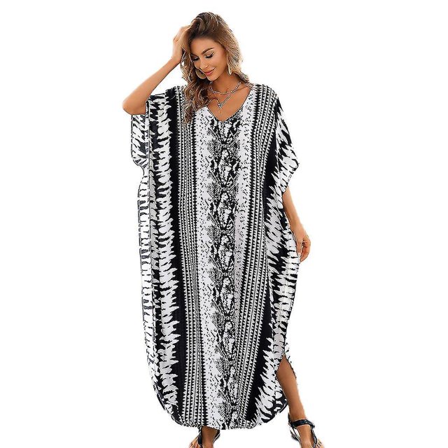Women Ethnic Kaftan Snakeskin Striped Swimsuit Cover Up Maxi Beach Robe Dress