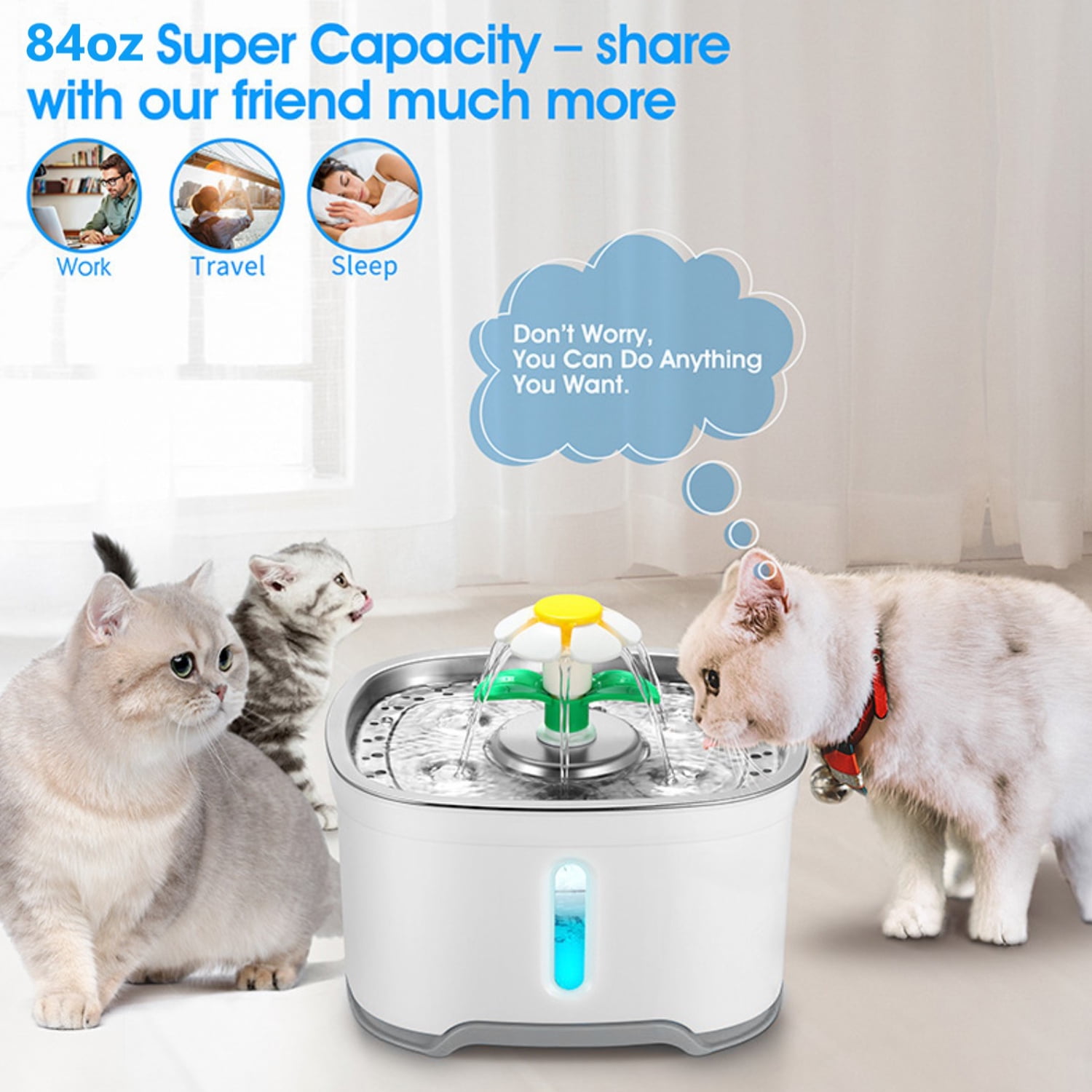 Behome 84oz/2.5L Cat Water Fountain Stainless Steel, Automatic Pet Fountain with Water Level Window & Led Light, Dog Water Dispenser with Replacement Filters for Cats, Dogs, Multiple Pets (White)