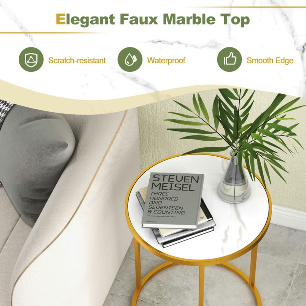Finihen End Table, Round Marble End Table, 16 Inch Marble Top Round Side Table with Golden Metal Frame-Set of 2, Sofa Side Table, Bed Side Table, for Living Room, Bedroom, White Finihen End Table, Round Marble End Table, 16 Inch Marble Top Round Side Table with Golden Metal Frame-Set of 2, Sofa Side Table, Bed Side Table, for Living Room, Bedroom, White