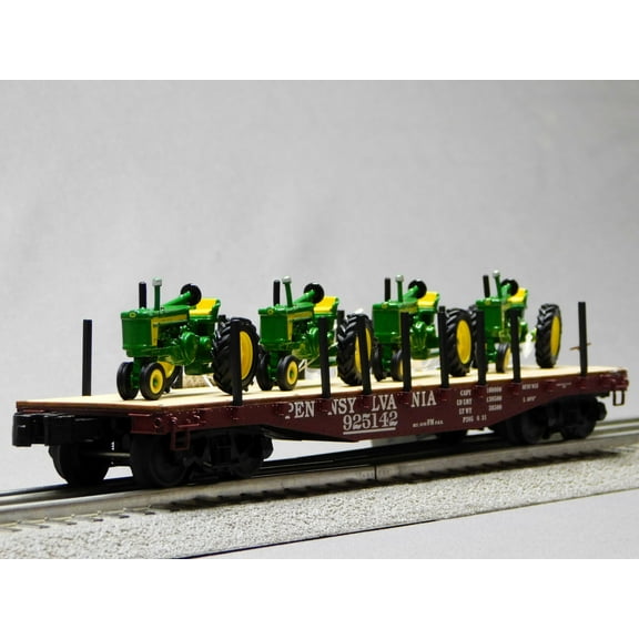 LIONEL PENNSYLVANIA RAILROAD PRR FLATCAR w/ 4 VINTAGE JOHN DEERE TRACTORS O GAUGE freight 2426150