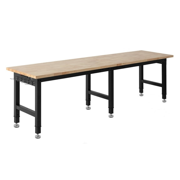 KFFKFF Adjustable Workbench with 5000 lbs Capacity, 96 x 24 Inch Oak Wood Top, Workstation with 4 AC Outlets & 2 USB Ports, Durable Hardwood Worktable for Garage, Workshop, Home, Office