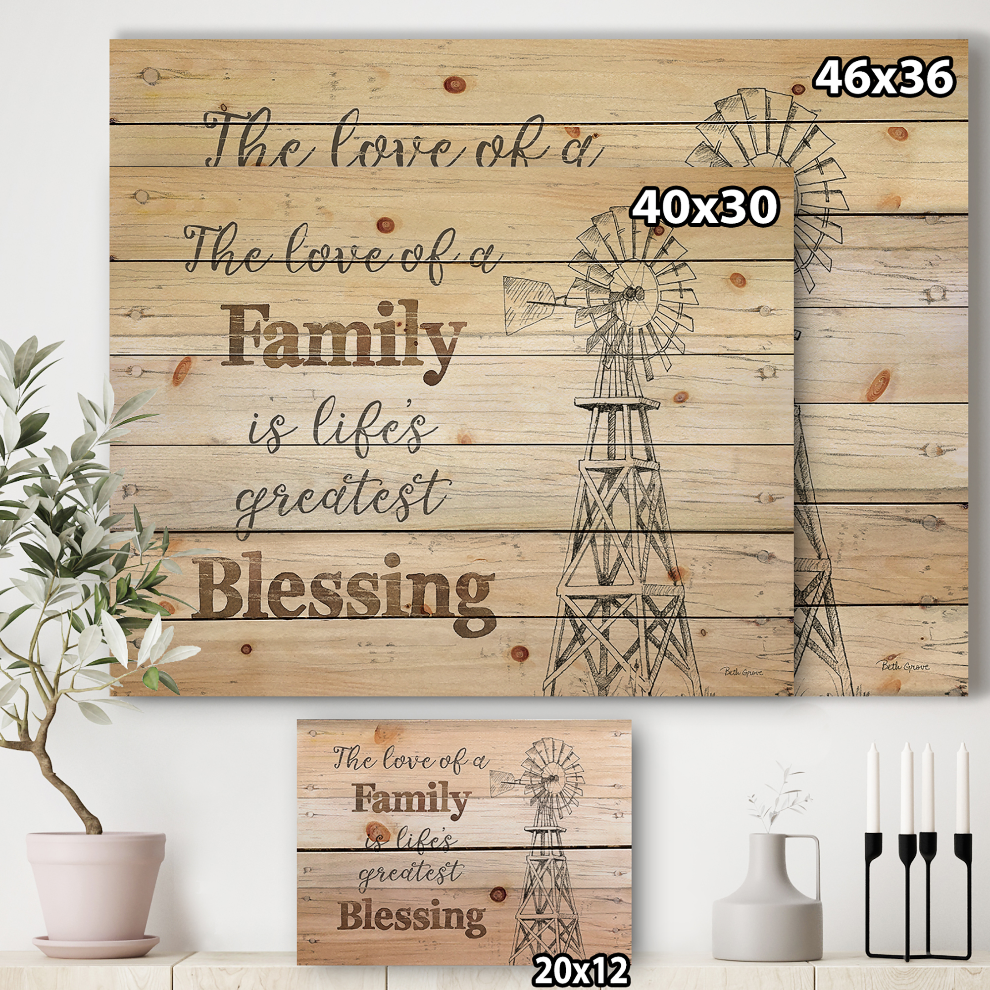 Designart 'Farmhouse Moment windmills' Farmhouse Print on Natural Pine Wood