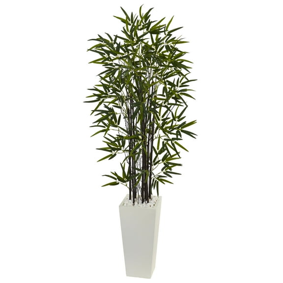 Nearly Natural 5.5' Plastic/Polyester Black Bamboo Artificial Plant in Planter, Green