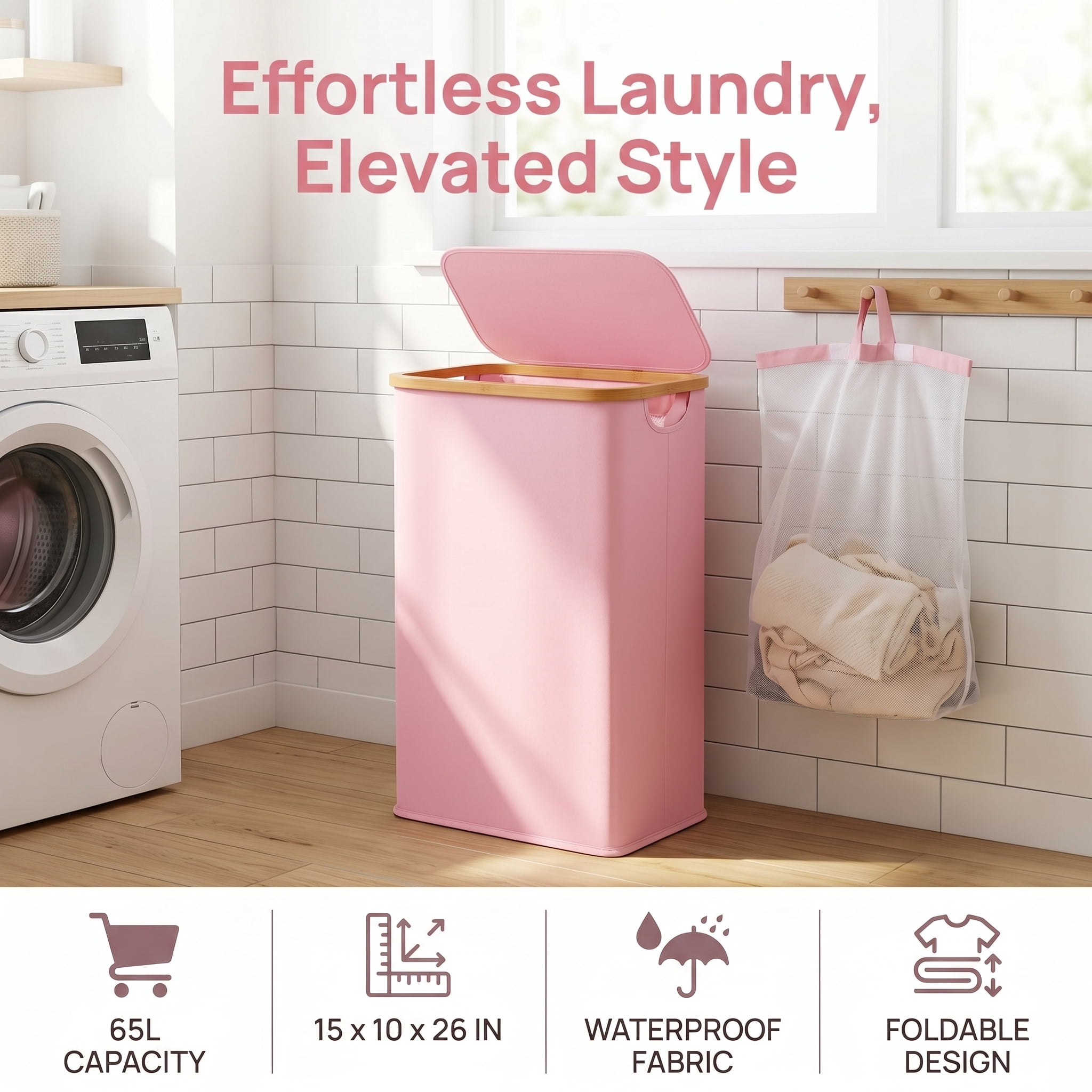 65L Slim Laundry Hamper, Narrow Laundry Basket with Lid,Foldable Clothes Hamper with Bamboo Handles,Hamper Basket with Removable Inner Bag for Laundry Room Bedroom College Dorm,17.17 Gals Pink