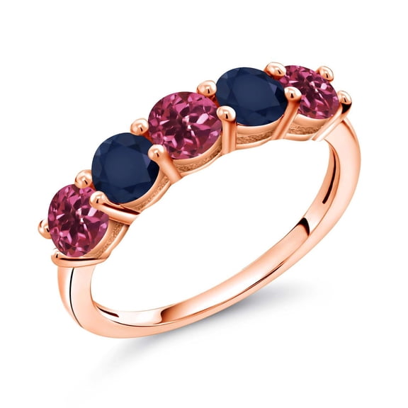 Gem Stone King 18K Rose Gold Plated Silver Pink Tourmaline and Blue Sapphire Wedding Band Ring for Women (0.95 Cttw, Round 3.5MM, Gemstone October Birthstone, Size 7)