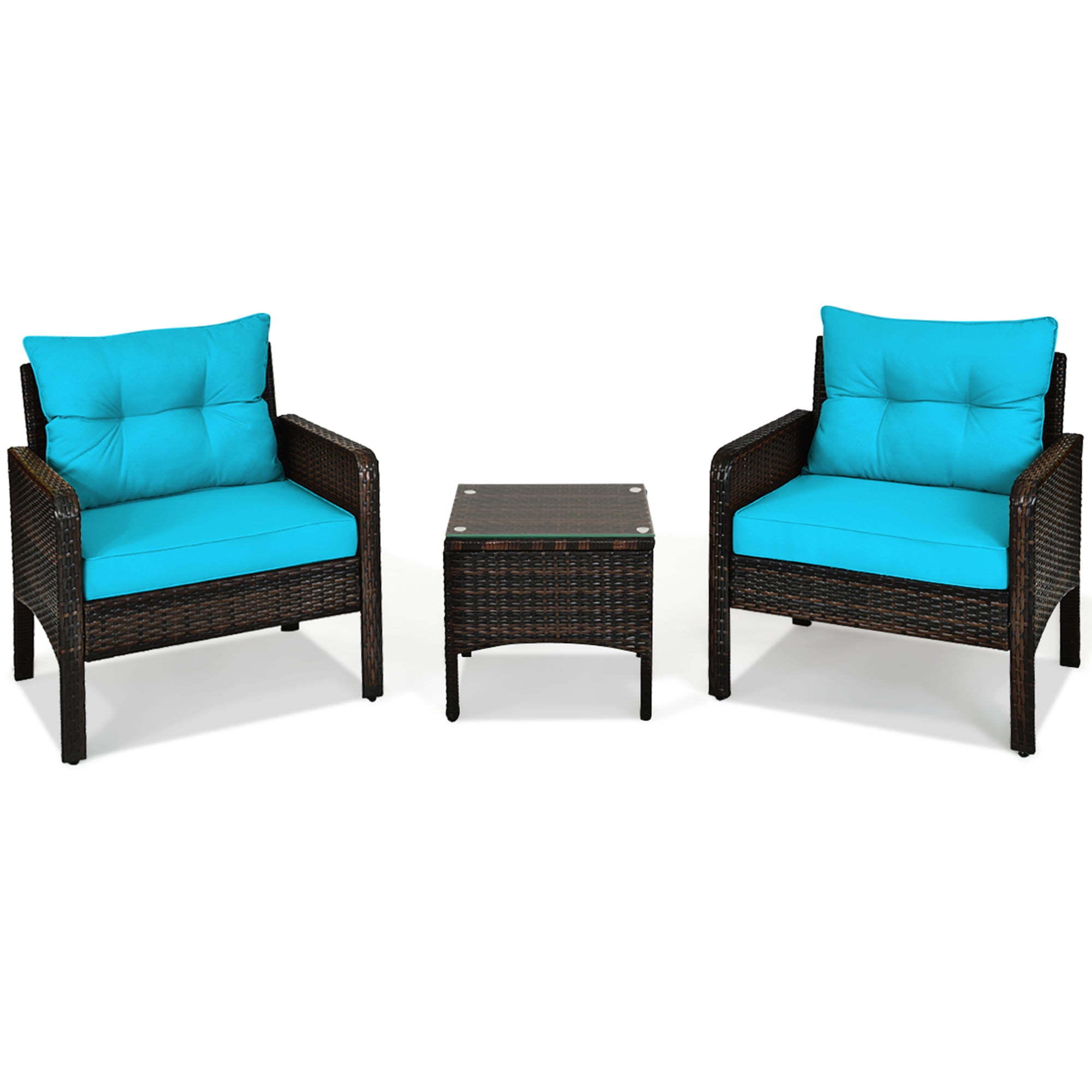 Gymax 3PCS Patio Outdoor Rattan Furniture Set w/ Coffee Table Turquoise Cushion