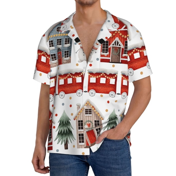 Balery Christmas Houses Camisa Casual de Manga Corta con Botones para Hombre, Texturizada, Estilo Cubano, para Playa, Verano-Large