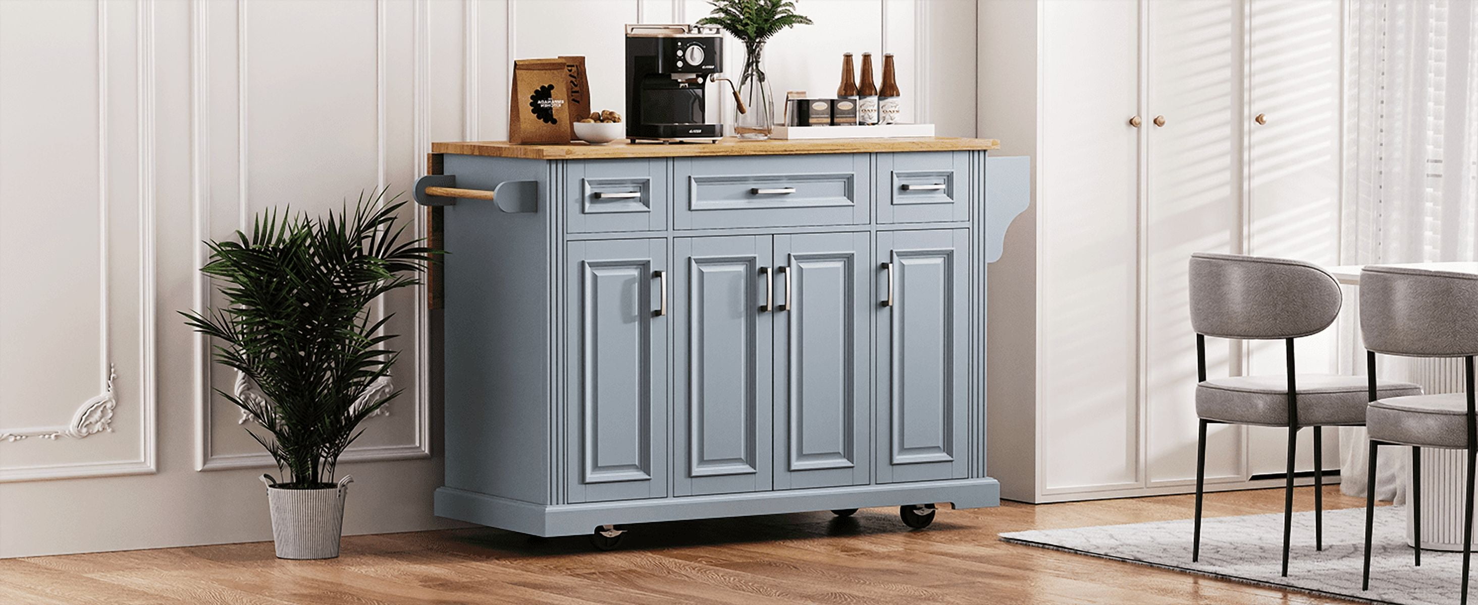 Kitchen Island with Drop Leaf, 54" Embossed Texture Rolling Cart with 4 Cabinets & 3 Drawers, Large Storage Island on Wheels for Kitchen