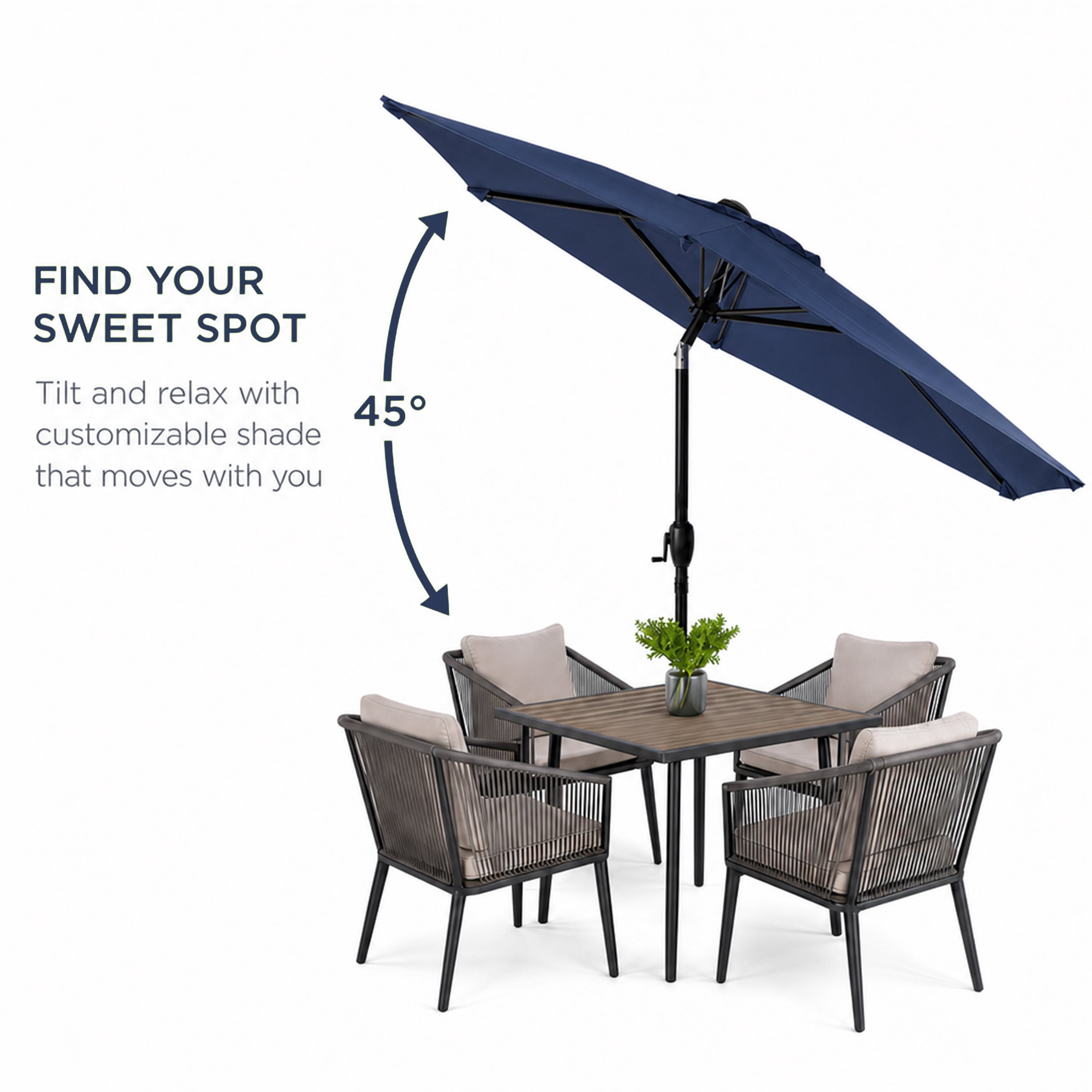 10FT Blue Outdoor Market Patio Umbrella with Crank & Push Button 45° Tilt, 6-Rib Iron Pole PA Waterproof Polyester Canopy for Garden Deck Pool Backyard, Base Not Included