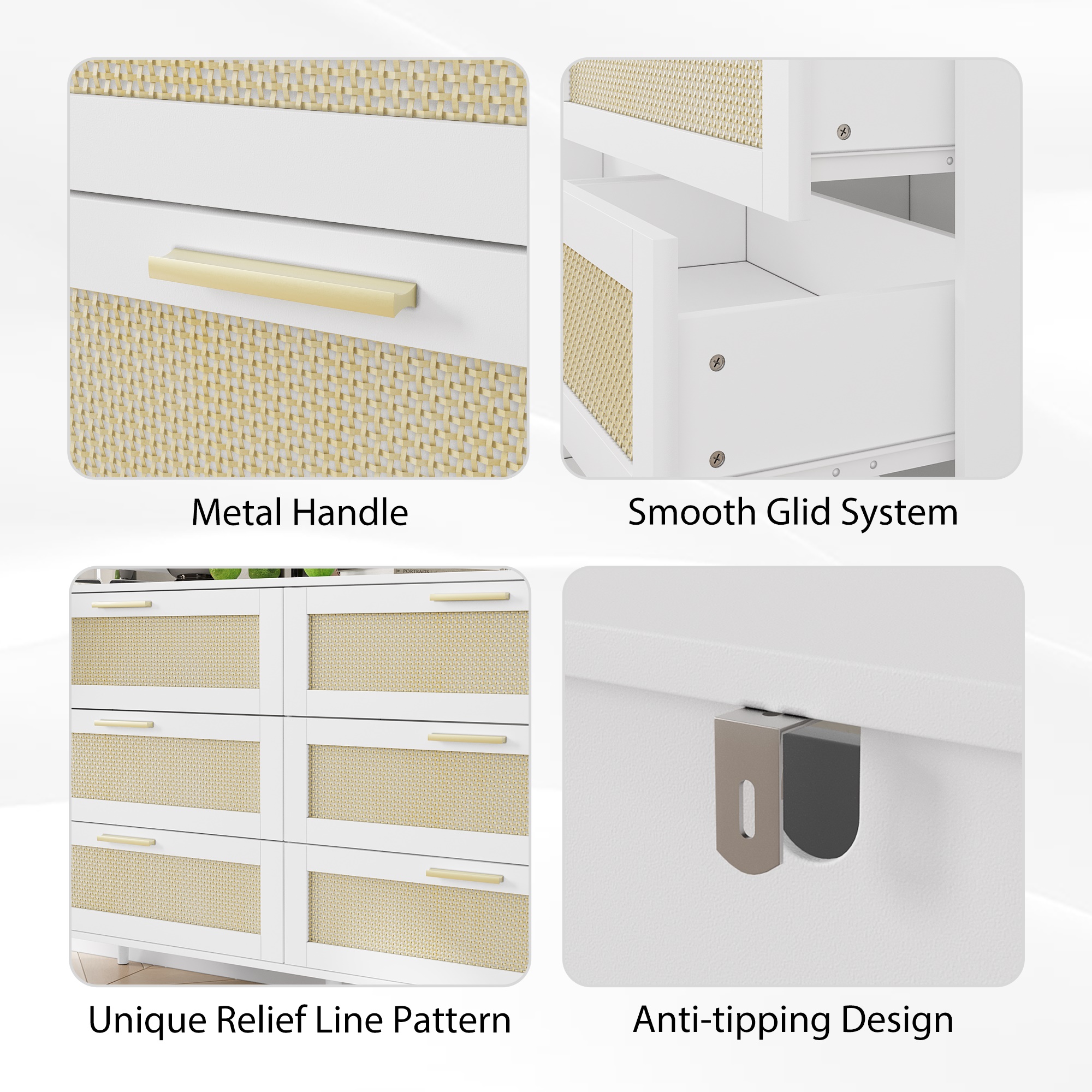 Finihen Rattan 6 Drawers Chest of Dressers, Modern 6 Drawer Dresser, Wide Chest of Drawers with wood Handles, Rattan Dresser Storage Cabinet, for Living Room, Bedroom, Hallway, White Finihen Rattan 6 Drawers Chest of Dressers, Modern 6 Drawer Dresser, Wide Chest of Drawers with wood Handles, Rattan Dresser Storage Cabinet, for Living Room, Bedroom, Hallway, White