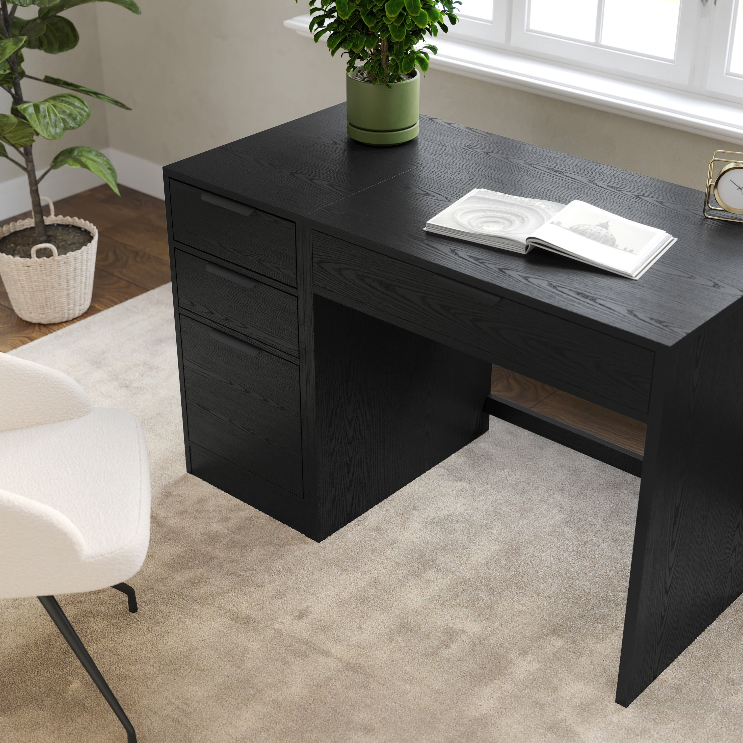 Martha Stewart Home Office Modular Single-Drawer Desk with 3 Drawer File Cabinet in Black with Oil Rubbed Bronze Hardware