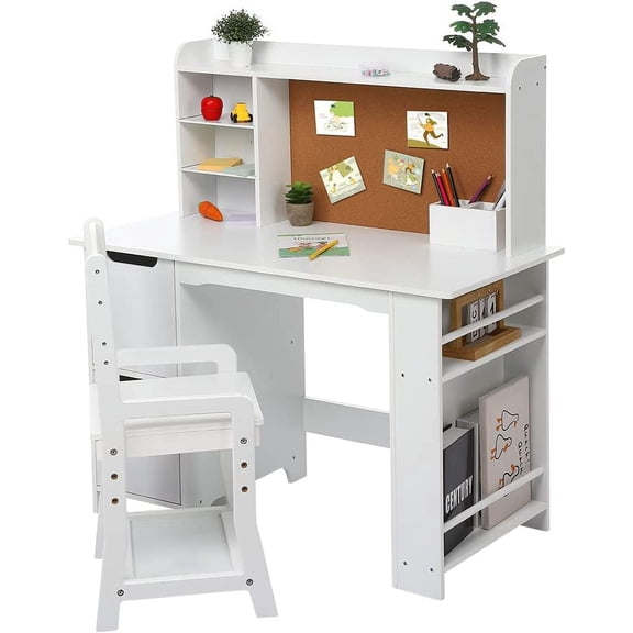 Wooden Study Desk and Chair for Kids, White Learning Table with Bookshelf, Bulletin Board and Cabinets, for Boys and Girls, 3-8 Y