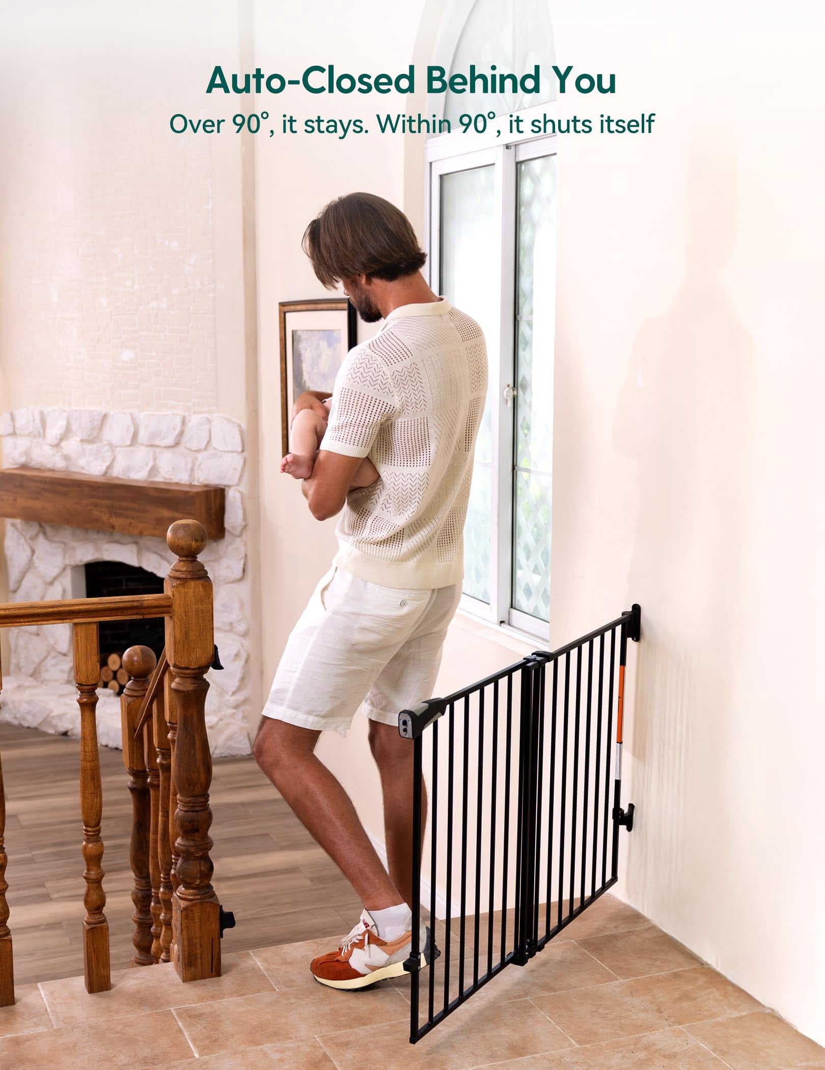 Gate for Stairs & Doorways, 26-43" W 34" H Extra Tall| No Bottom Bar| Easy Installation| One-handed Operation| Auto-close| Hardware Mount (Drill Needed) Safety Dog/Pet Gate Indoor (White)