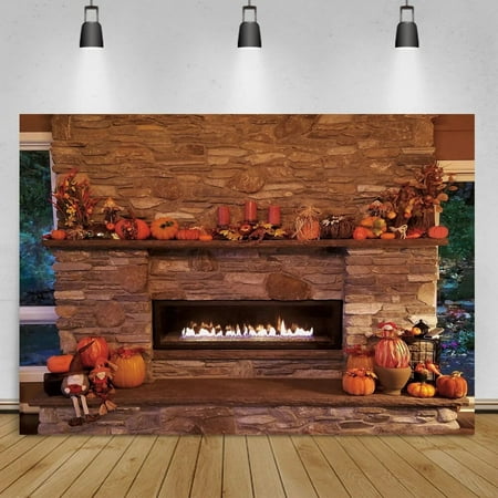 Image of Old StFireplace Autumn Pumpkin Wood Floor Rural Harvest Season Child Party Photo Backdrop Photographic Backgrounds