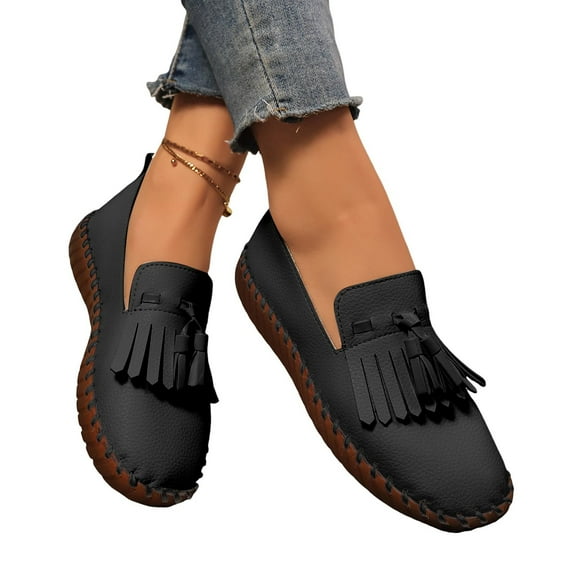Tassel Slip on Loafers for Women Spring Fall Fashion Casual Leather Fringe Non Slip Walking Flats Work Shoes