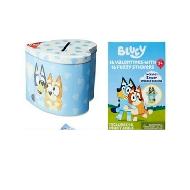 Bluey Valentine Greeting Card Set with Fuzzy Stickers ,Bluey Heart Tin Mailbox, Valentine's Day Gifts