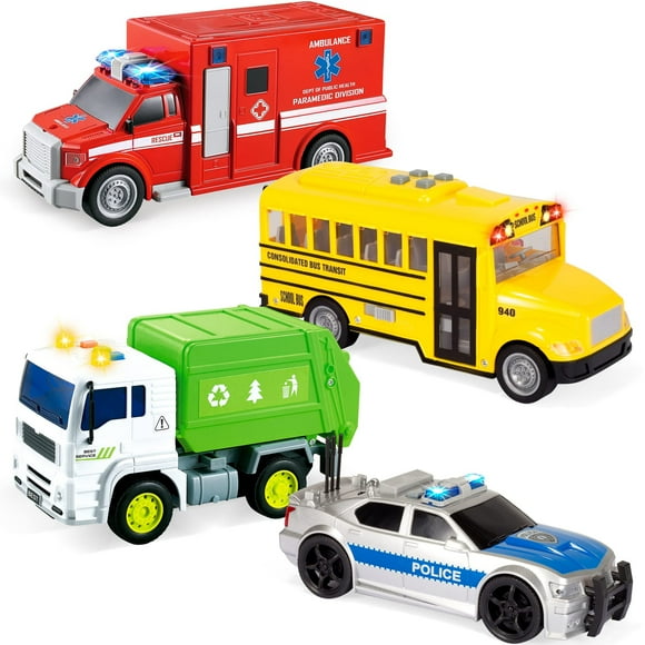 Joyfy 4 Pcs 7" Long Vehicle Toy Set, Toddler Car Toys with Lights and Siren Sound Including Police Car, School Bus, Garbage Truck, Ambulance