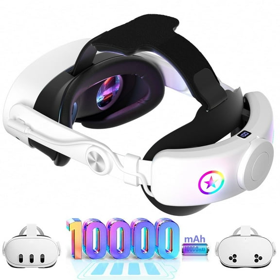 RGB Battery Head Strap for Meta Quest 3s/Quest 3, 10000mAh Battery Pack Compatible with Oculus Quest 3s/Quest 3 for Extended 8 Hrs of Playtime, Adjustable Elite Strap (White)