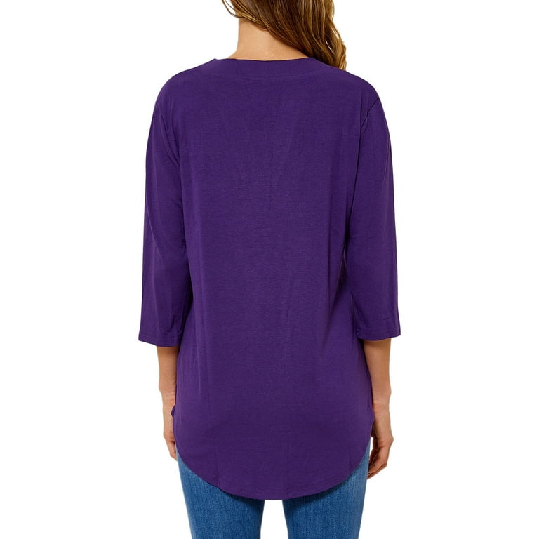 Women Purple Solid V Neck 3/4 Sleeve Top