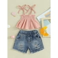 thumbnail image 3 of Yunliwuli Kids Girls Shorts Set, Tie-up Pleated Camisole with Ripped Denim Shorts Summer 2-piece Outfit, 3 of 10