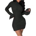 thumbnail image 2 of BangWanChi Plus Size Sweater Dress Women Elegant Temperament Half Aged Solid Color Long Sleeved Flared Sleeve Dress Black L, 2 of 5