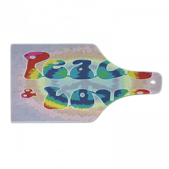 Groovy Cutting Board, Peace and Love Text in Tie Dye Effect Pattern Energetic Youthful Fun 60s 70s Hippie, Tempered Glass Cutting and Serving Board, Wine Bottle Shape, Multicolor, by Ambesonne