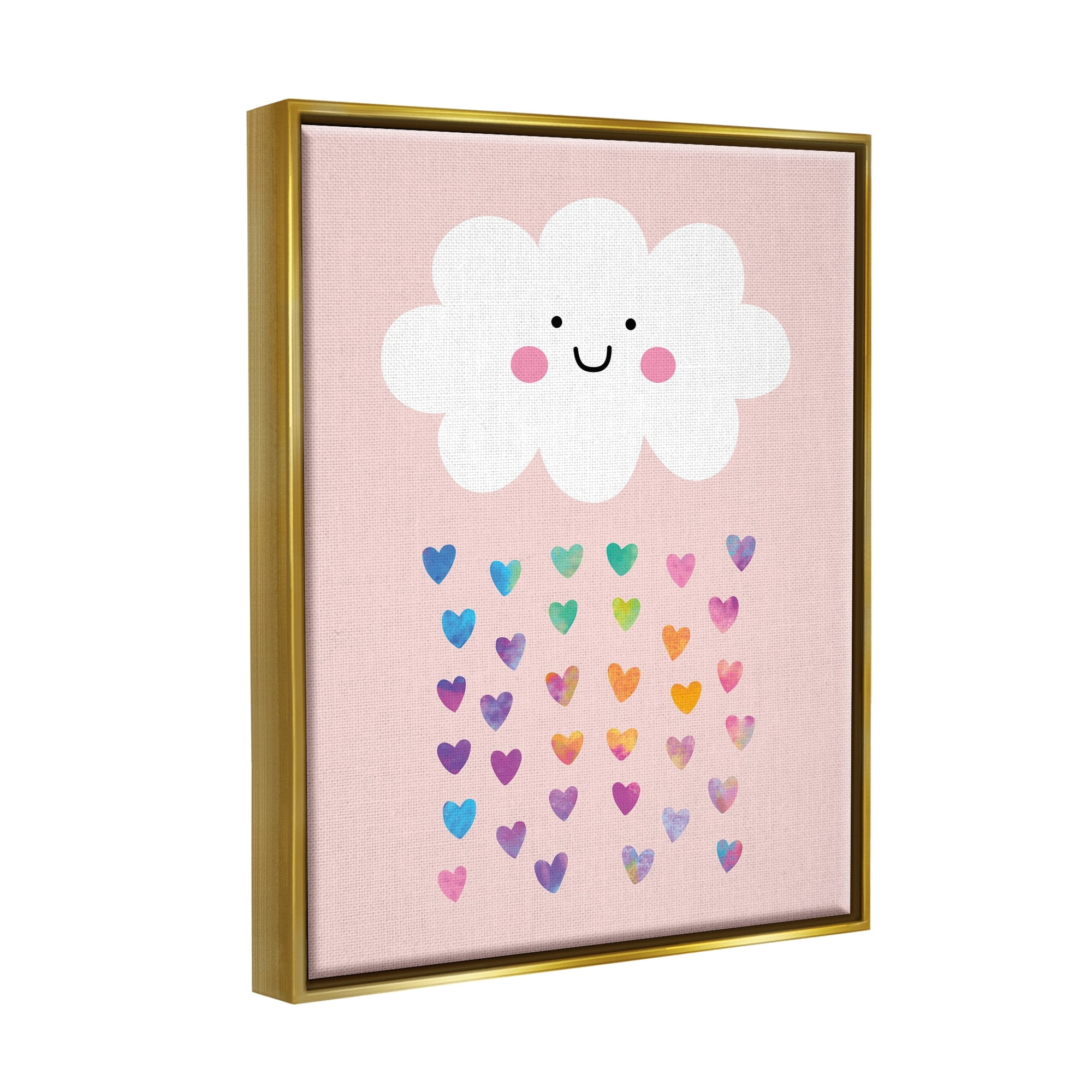 Stupell Industries Raining Rainbow Hearts with Happy Cloud Metallic Gold Framed Floating Canvas Wall Art, 16x20, by Seven Trees Design