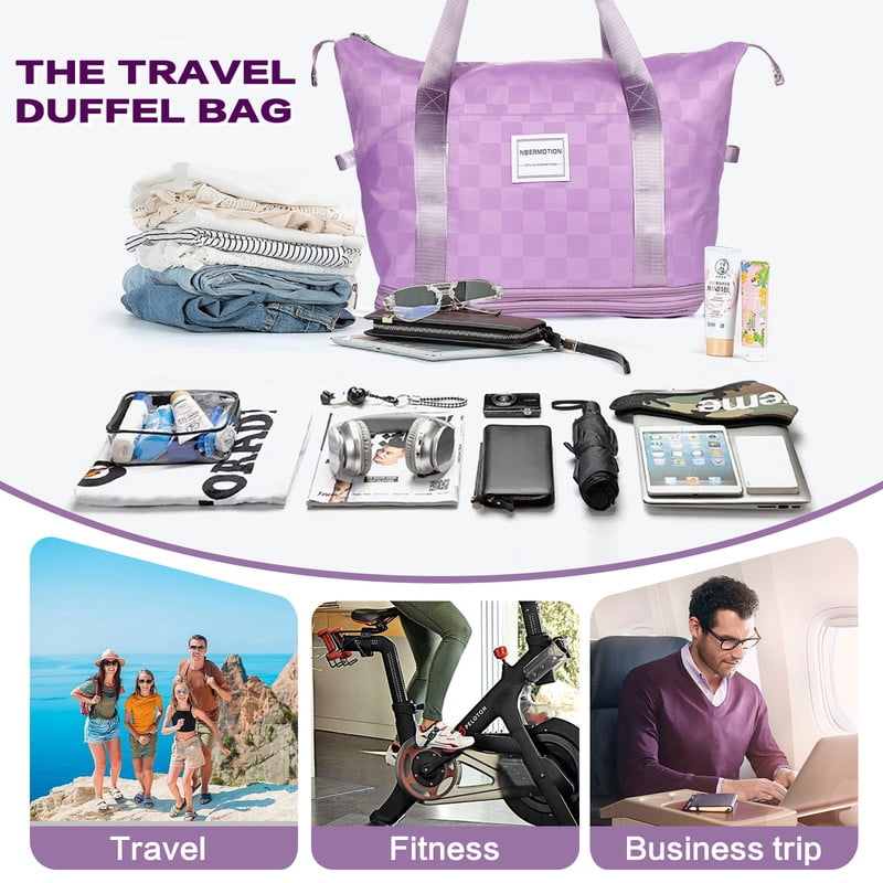 NBERMOTION Expandable Rolling Duffle Bag - Large Carry-On With Spinner Wheels, Foldable Weekend Travel Bag, 28-58L Capacity(Purple)