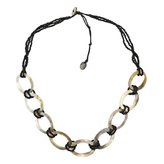 Beach Chic Linked Blacklip Shell Ovals and Crystal Bead Necklace